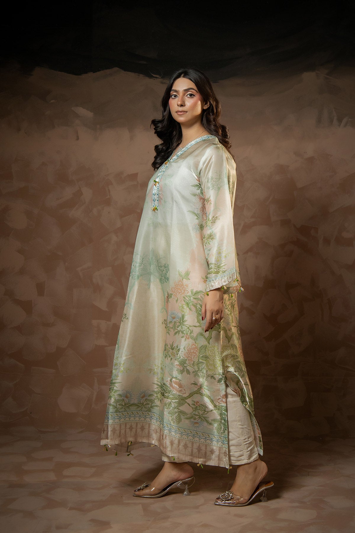 Sage Blossom Printed Sheesha Silk Kaftan