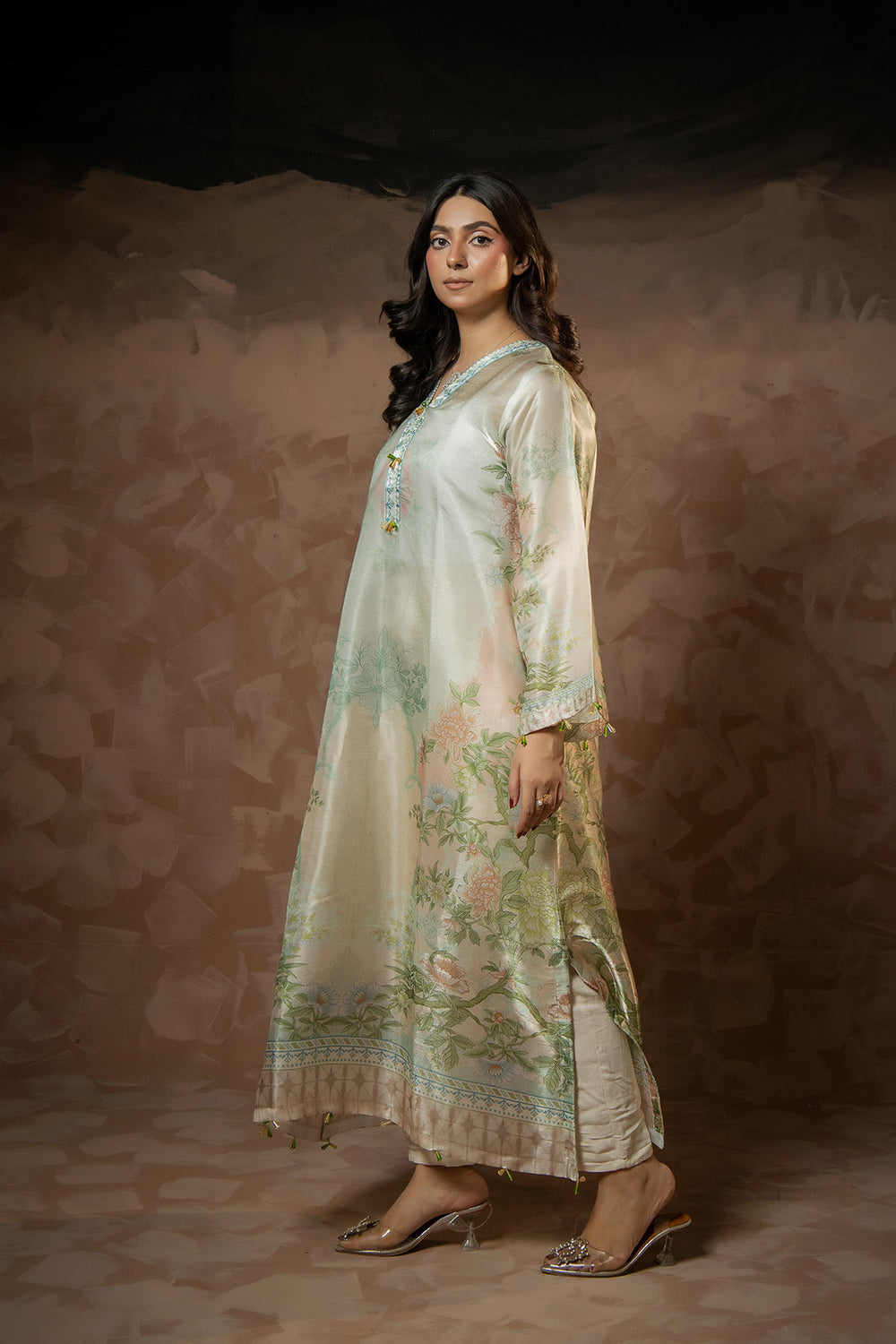Sage Blossom Printed Sheesha Silk Kaftan