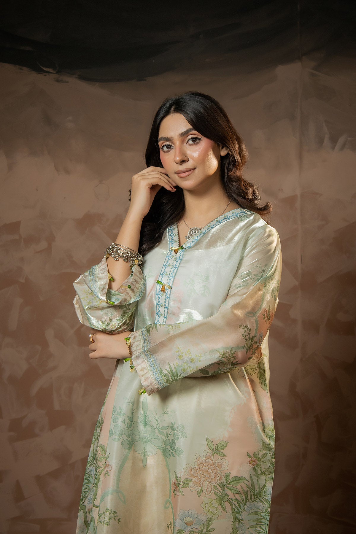 Sage Blossom Printed Sheesha Silk Kaftan