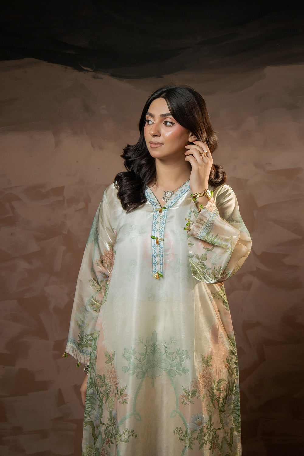 Sage Blossom Printed Sheesha Silk Kaftan