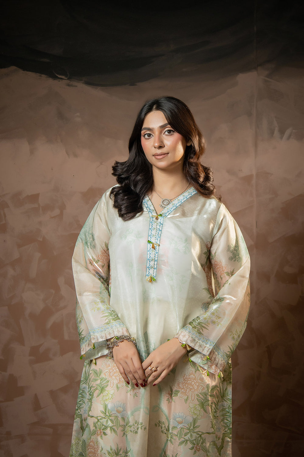 Sage Blossom Printed Sheesha Silk Kaftan