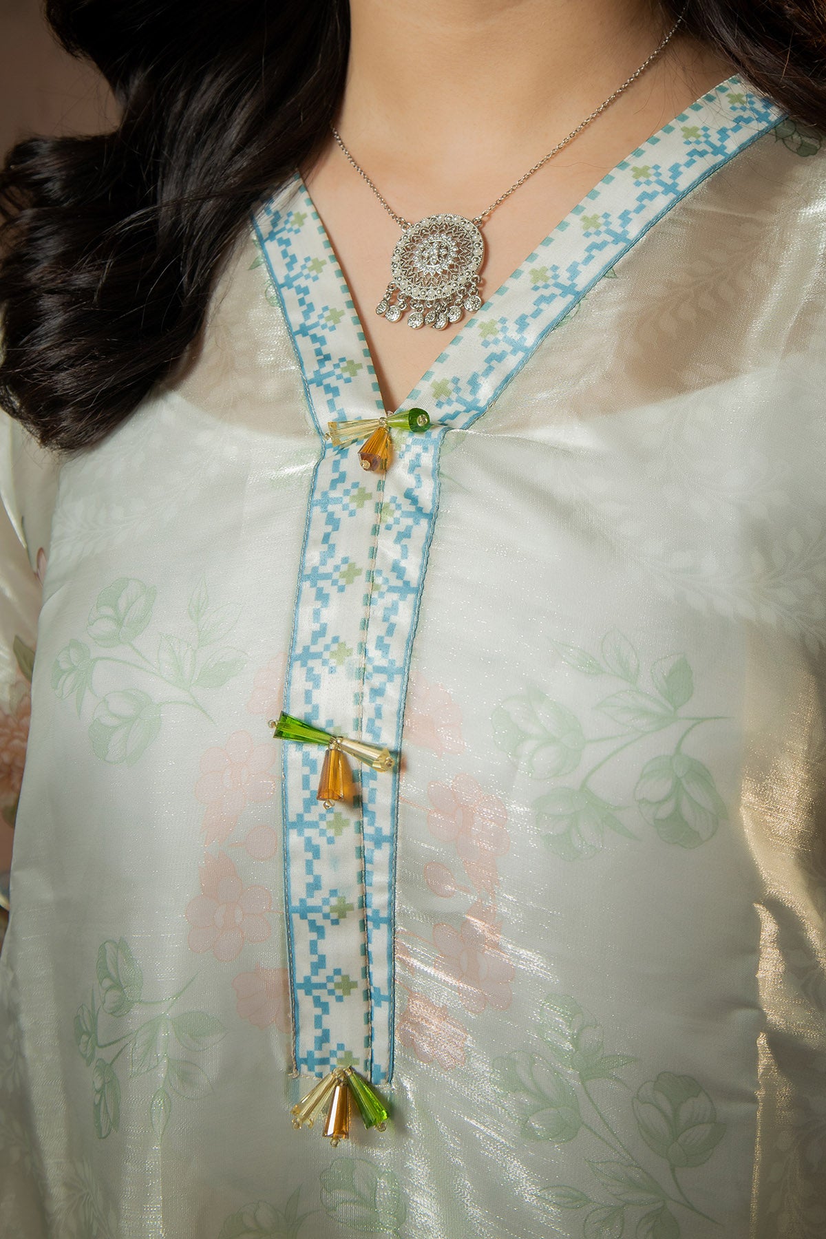 Sage Blossom Printed Sheesha Silk Kaftan