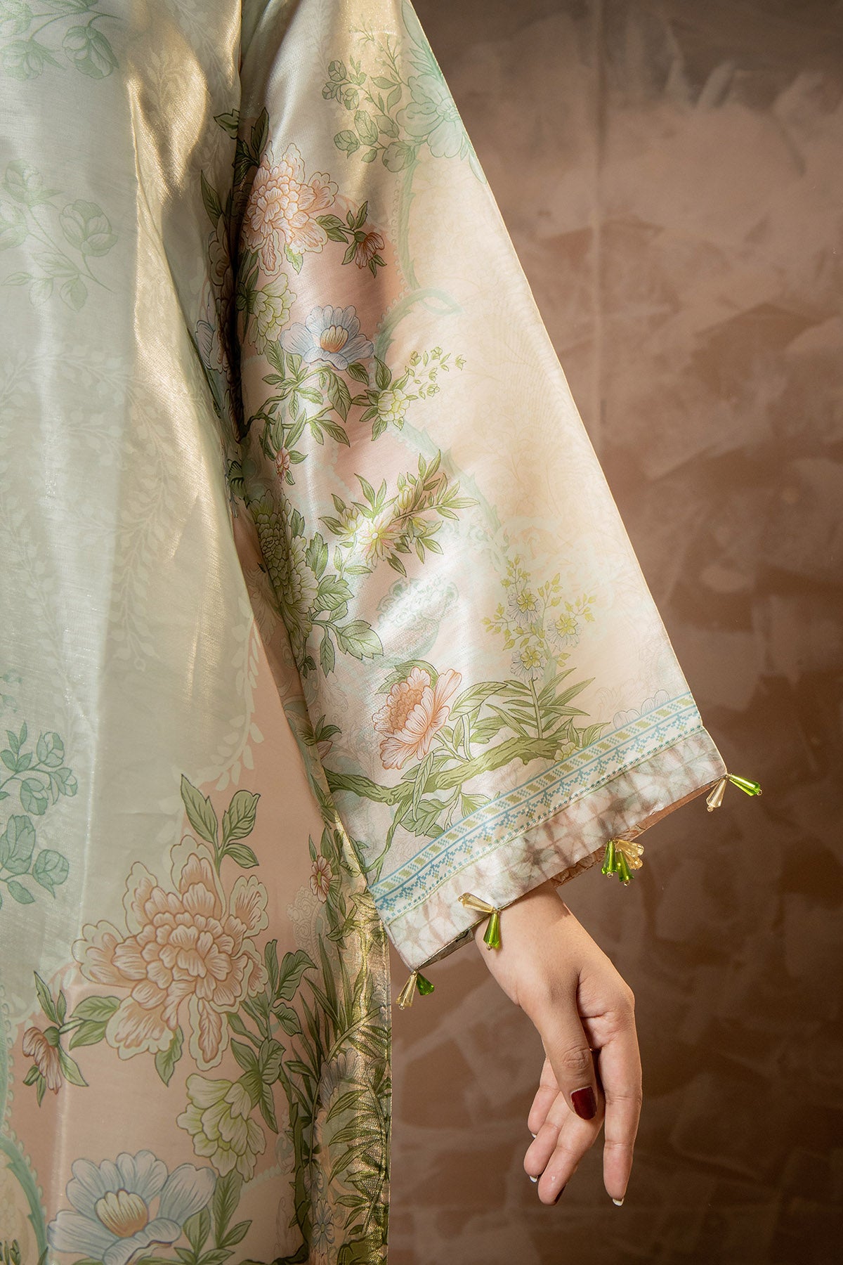 Sage Blossom Printed Sheesha Silk Kaftan