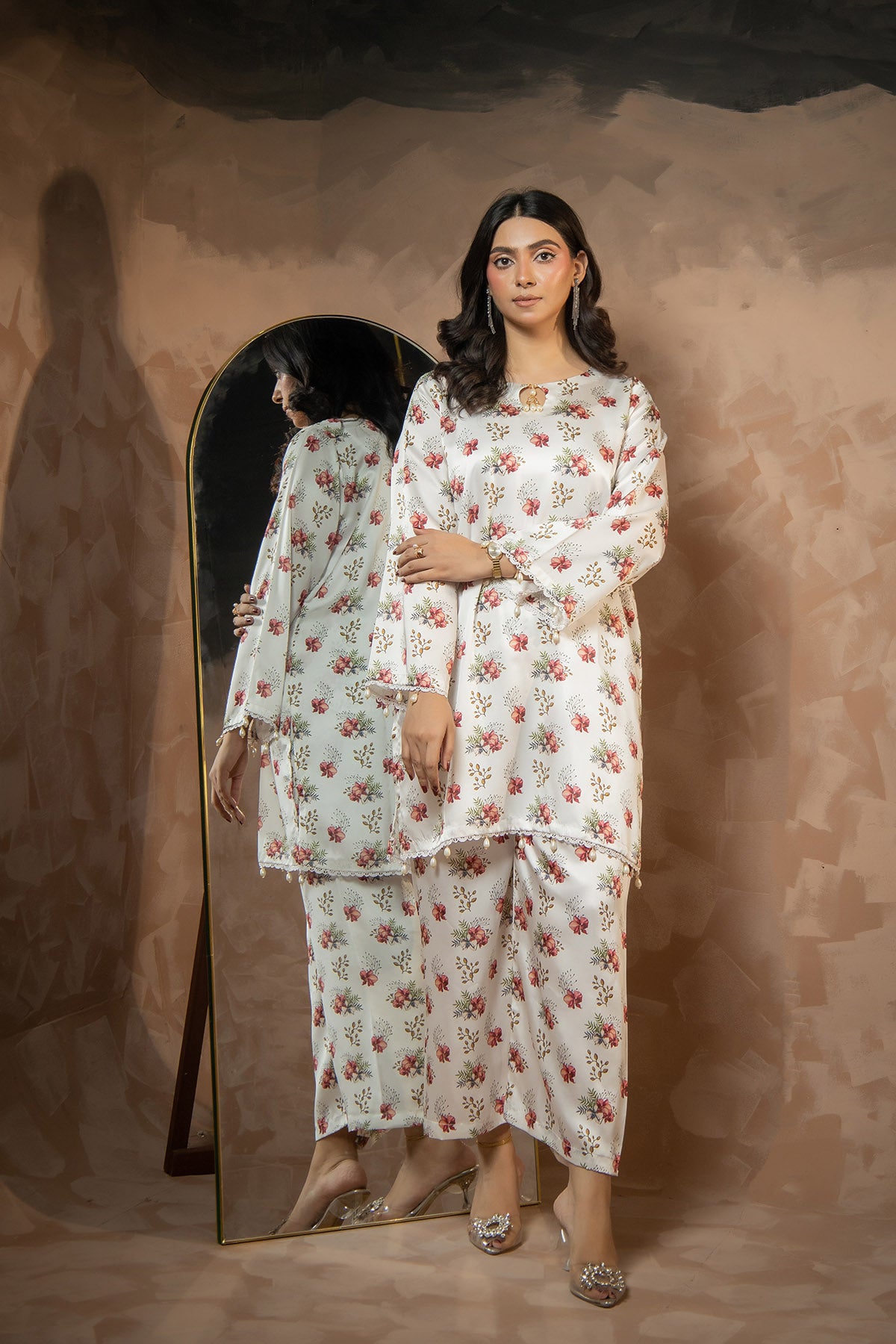 Ivory Bloom Printed Shamose Silk Co-Ord Set