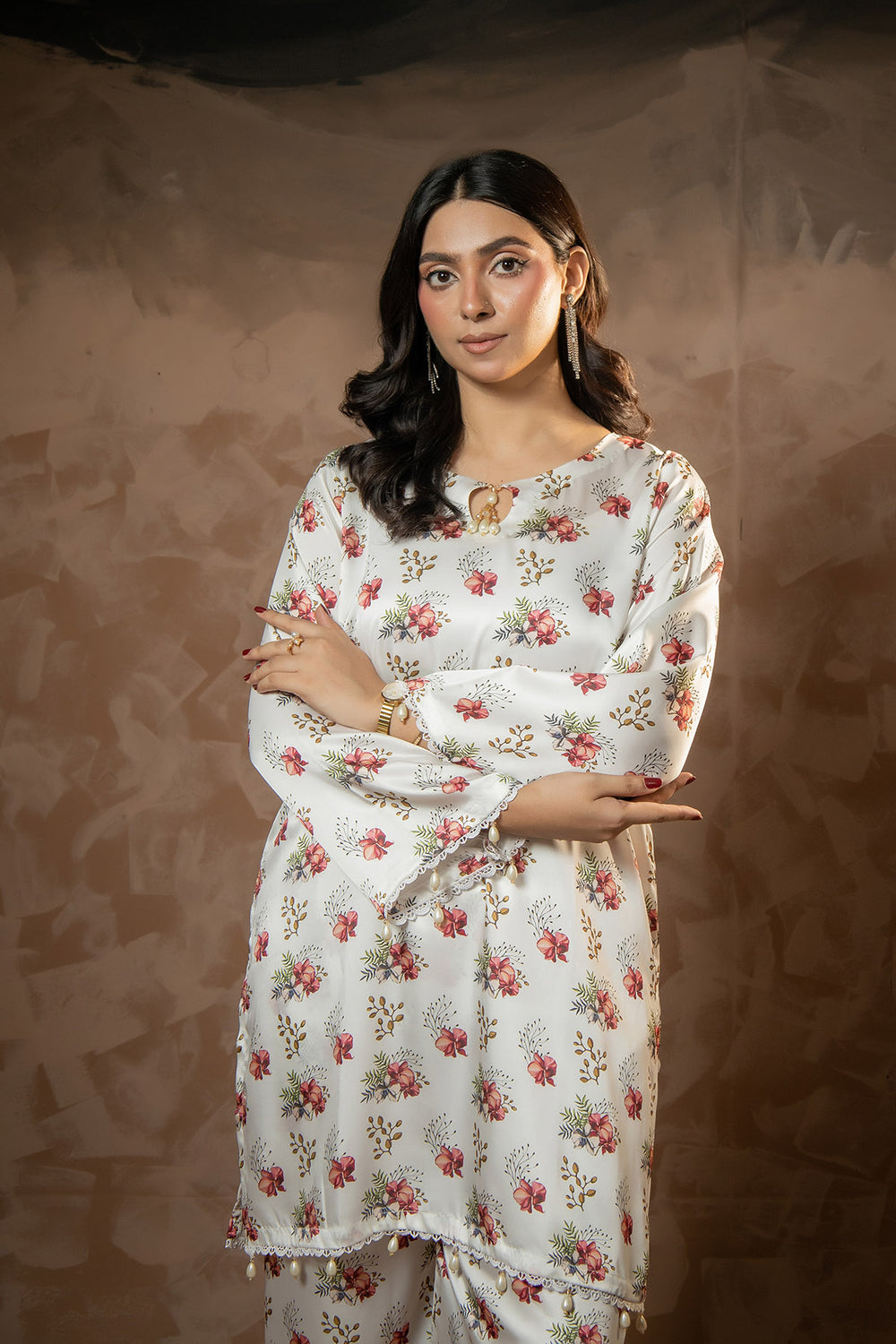 Ivory Bloom Printed Shamose Silk Co-Ord Set