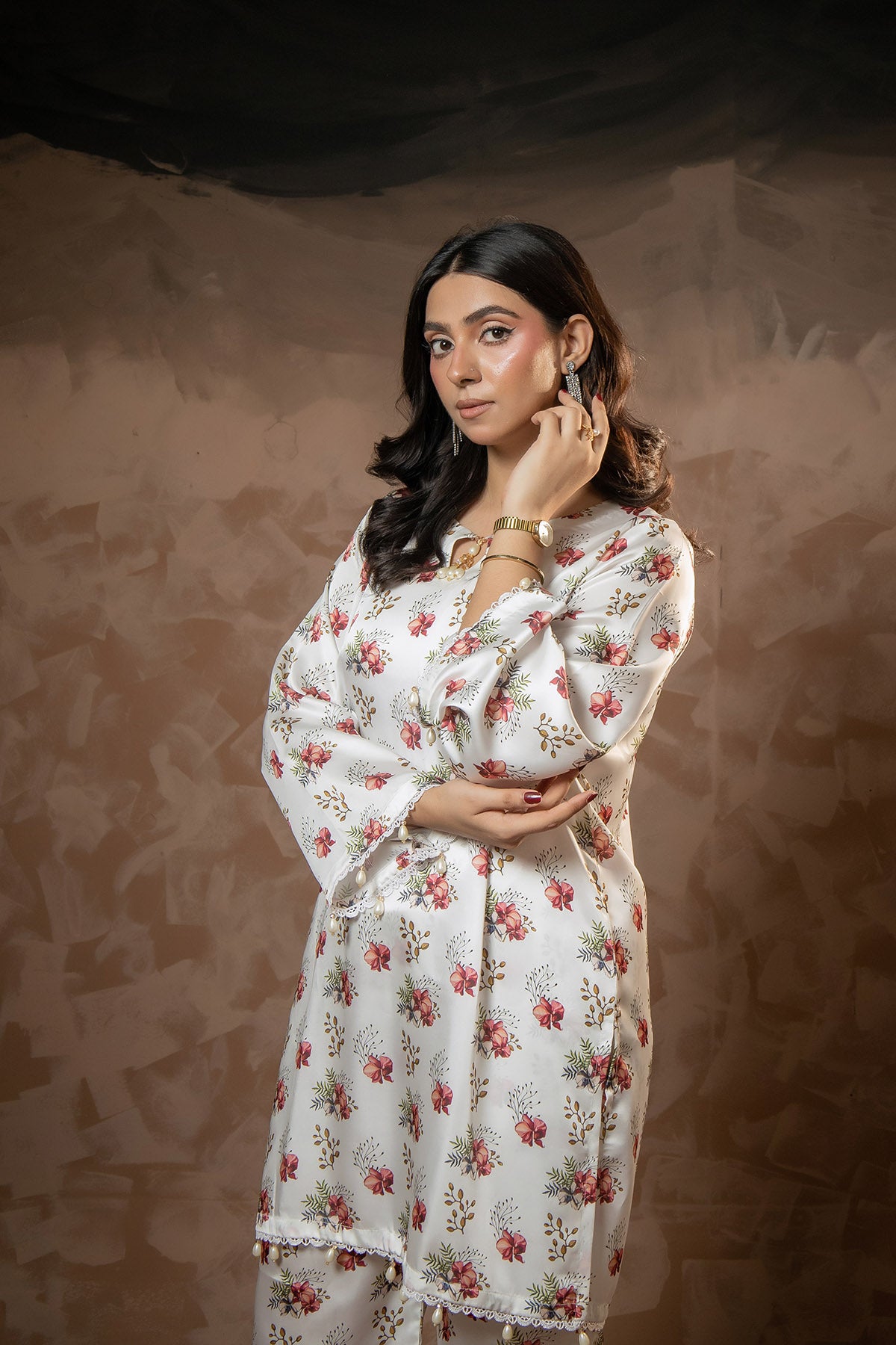 Ivory Bloom Printed Shamose Silk Co-Ord Set