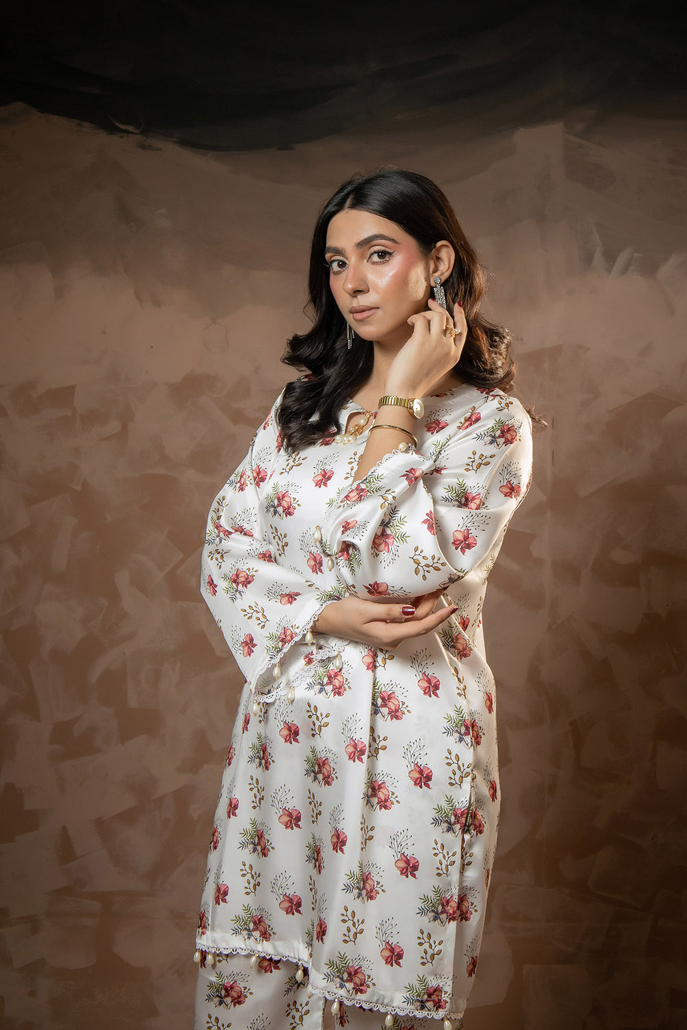 Ivory Bloom Printed Shamose Silk Co-Ord Set