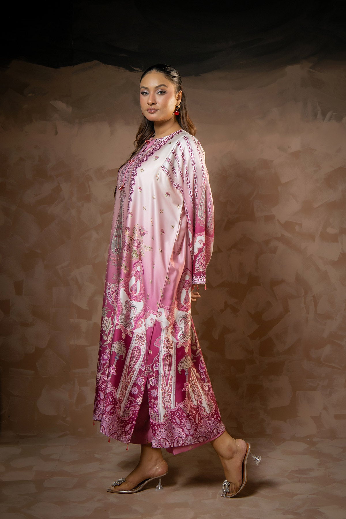 Rose Paisley Printed Shamose Silk Kaftan