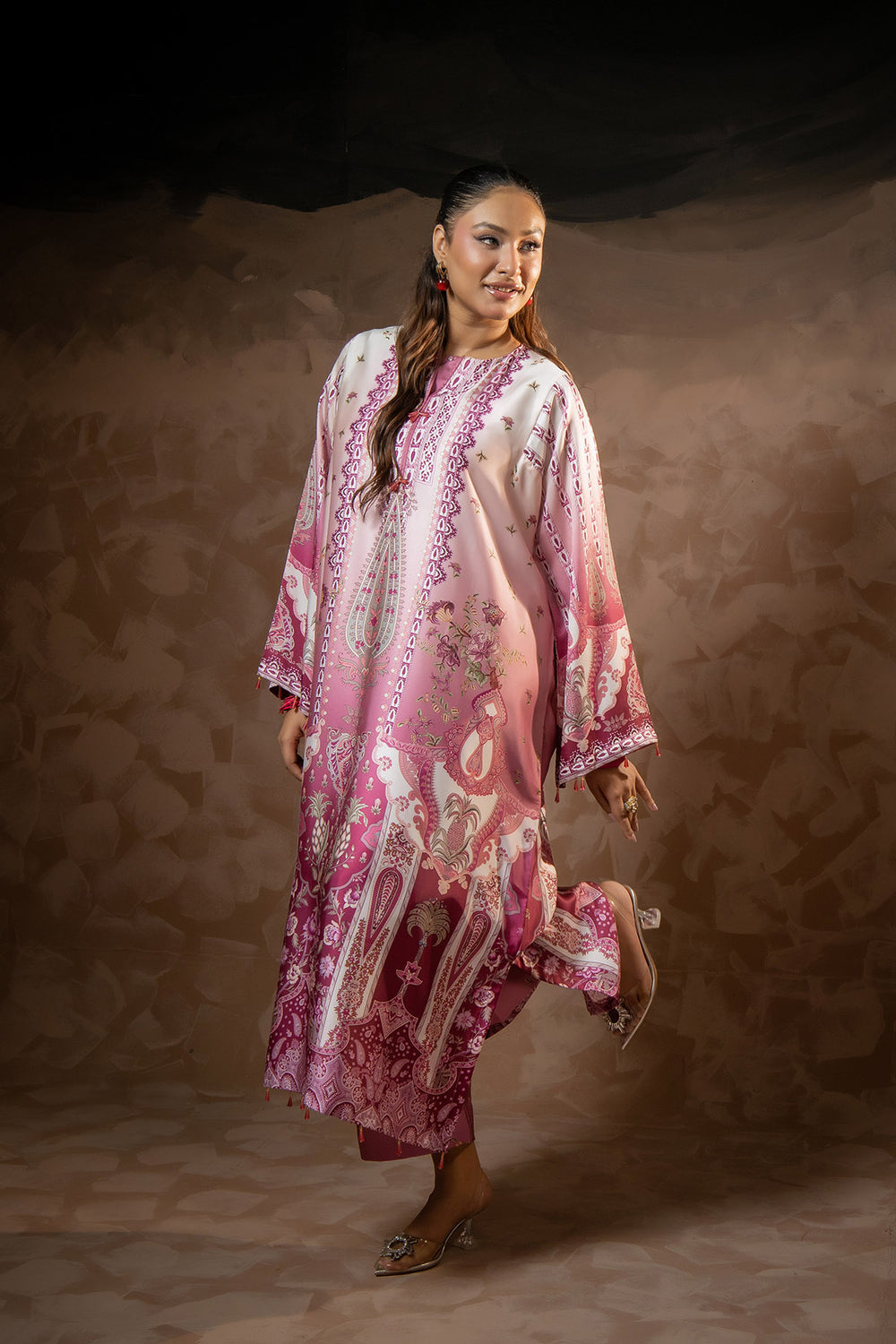 Rose Paisley Printed Shamose Silk Kaftan